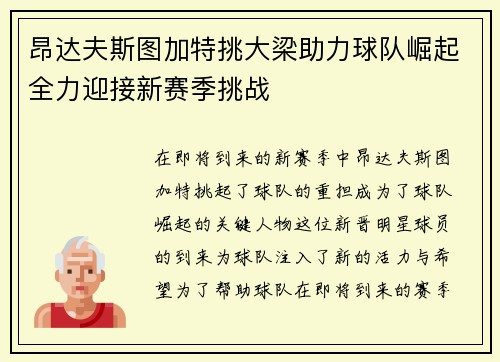 昂达夫斯图加特挑大梁助力球队崛起全力迎接新赛季挑战 昂达夫斯图加特挑大梁助力球队崛起全力迎接新赛季挑战