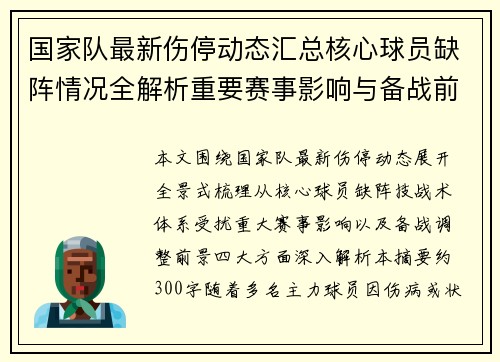国家队最新伤停动态汇总核心球员缺阵情况全解析重要赛事影响与备战前景 国家队最新伤停动态汇总核心球员缺阵情况全解析重要赛事影响与备战前景